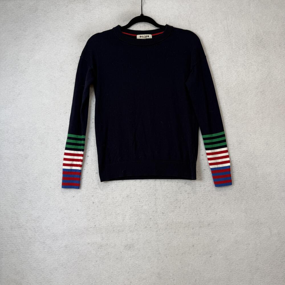 Boden Sweater Womens XS Blue Stripe Sleeve Crew Neck Cotton Wool Knit Pullover